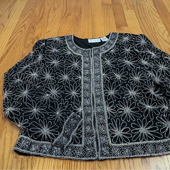 SCALA Embroidered Silk Formal Evening Jacket Silver Floral Beading - Picture 14 of 16